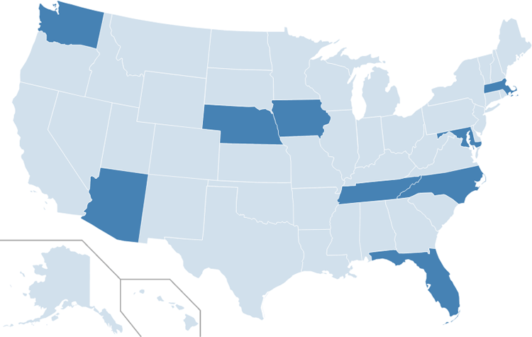 US map with 9 blue states